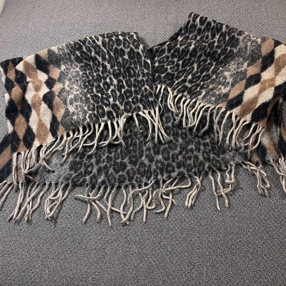 M Made in Italy Poncho Womens Artsy Cape Wool Blend shawl Leopard Argyle Diamond